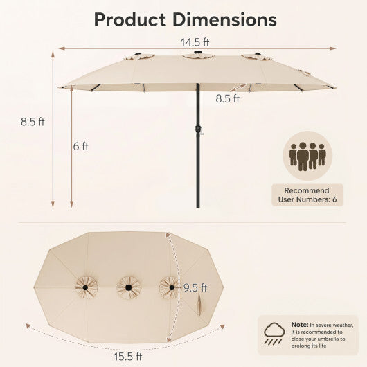Extra-Large Patio Umbrella 12 Reinforced Metal Ribs-Brown 15.5FT