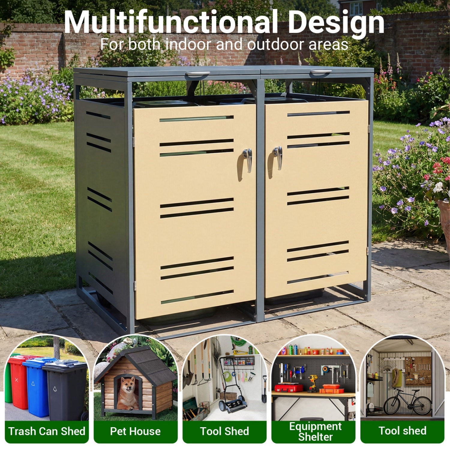 Outdoor Metal Garbage Bin Storage Shed for 2 Trash Cans