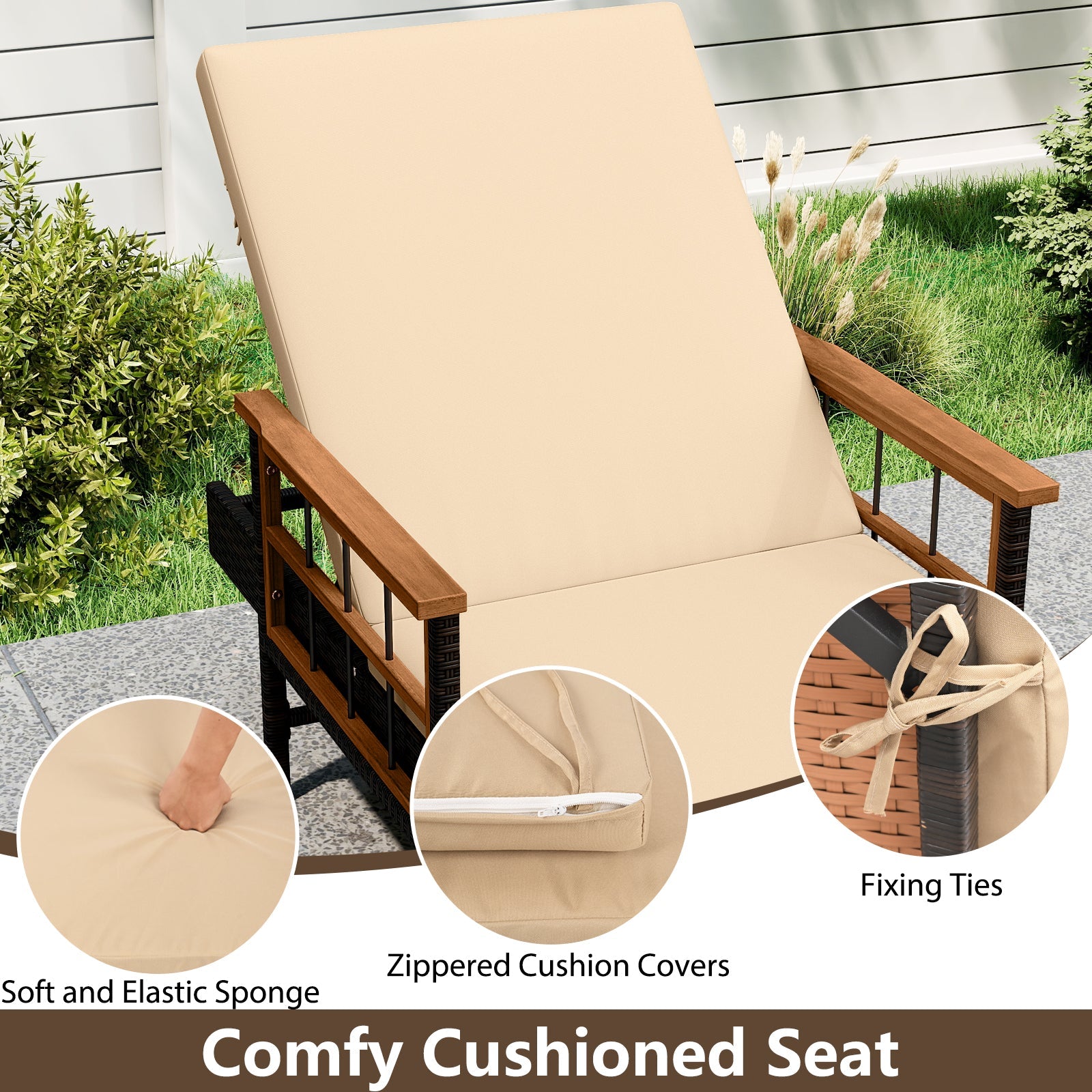 Outdoor Reclining Lounger Chair with 4-Level Adjustable Backrest-Beige