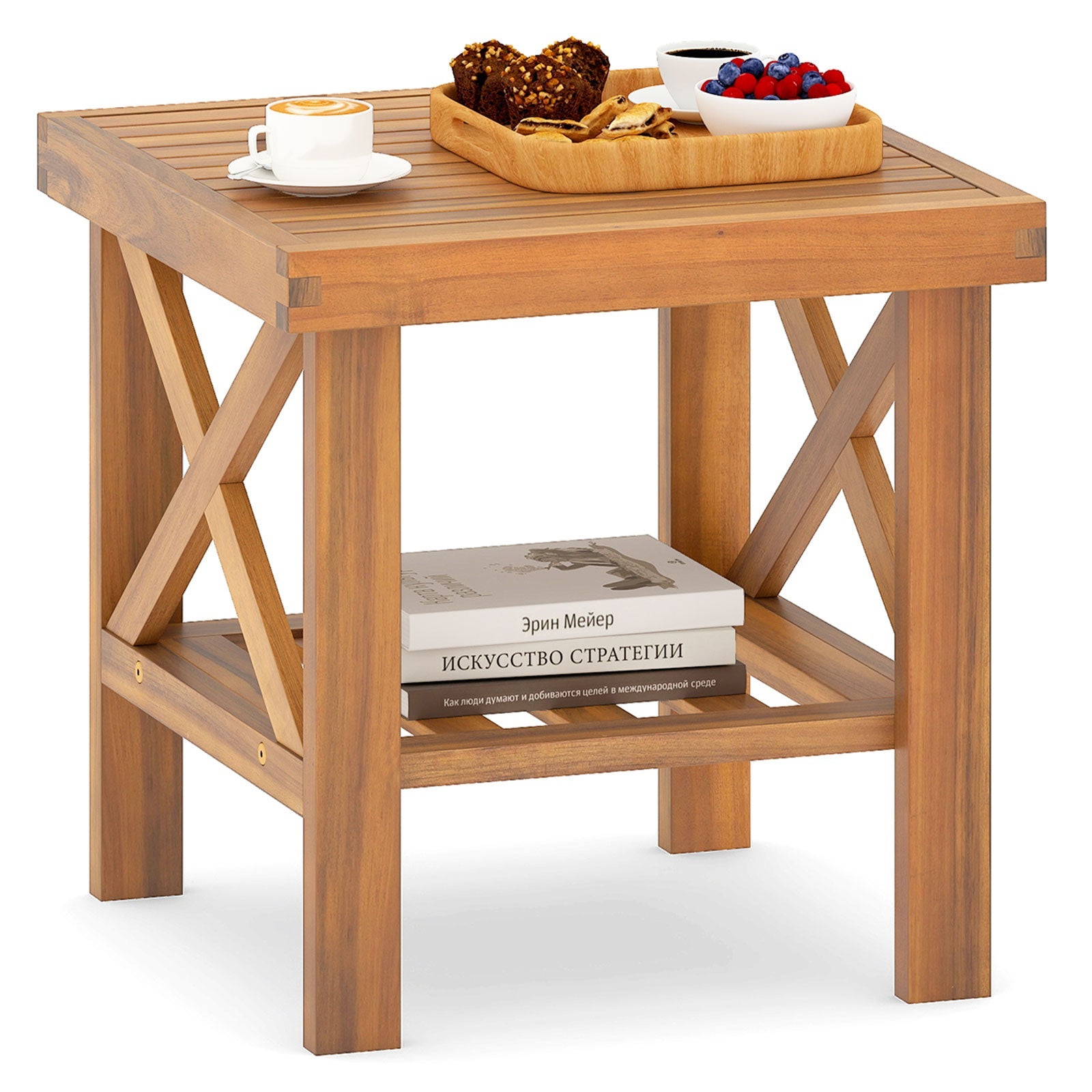 Outdoor Side Table with Storage Shelf for Small Space