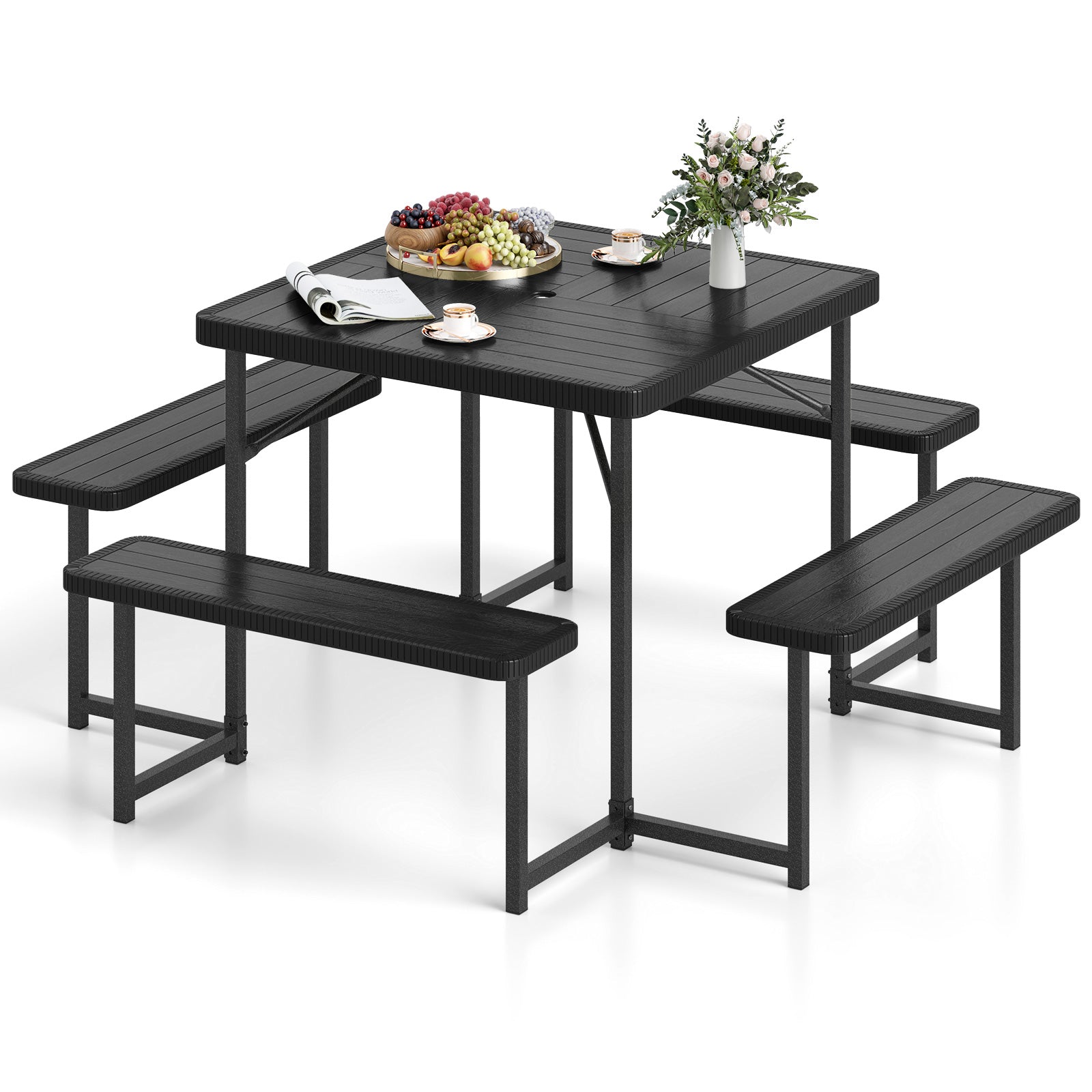Outdoor Square Picnic Table Bench Set for 4-8 People with Umbrella Hole-Black