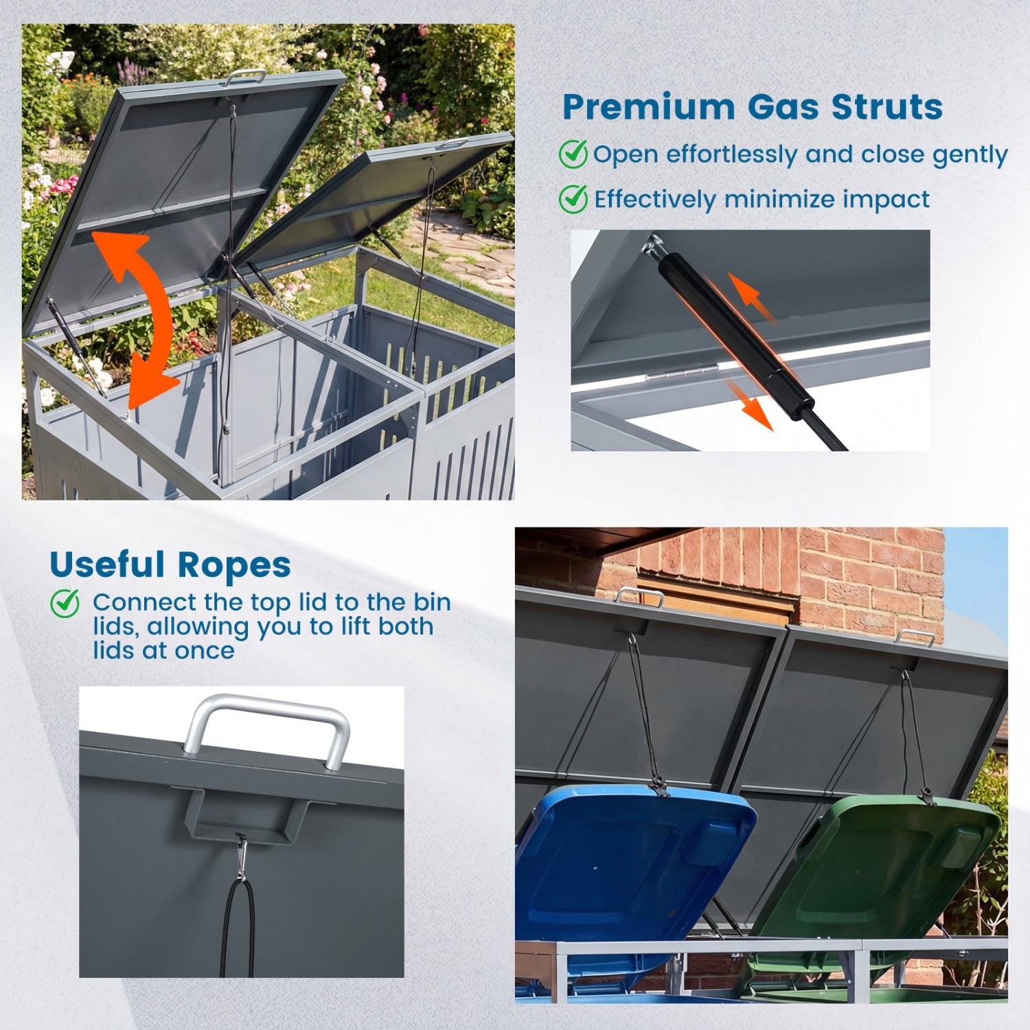 Outdoor Trash Can Storage Shed for 2 Bins with Gas Struts