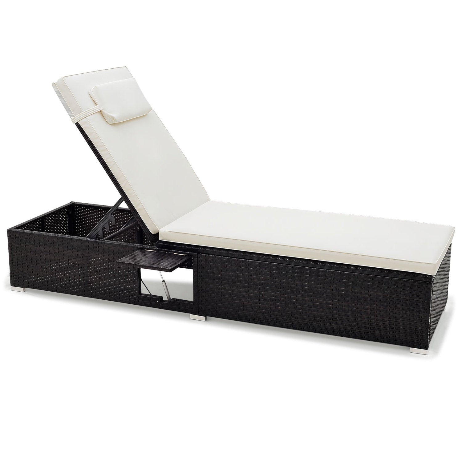 PE Rattan Chaise Lounge with Adjustable Backrest and Foldable Side Table Outdoor