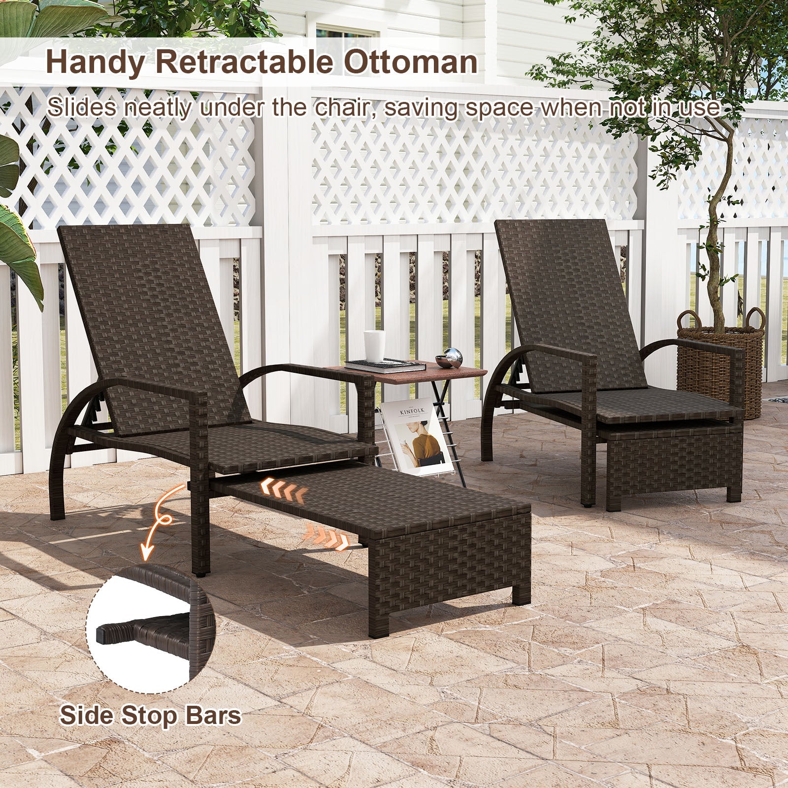 Patio Chaise Lounge Outdoor Rattan Lounge Chair with Retractable Ottoman