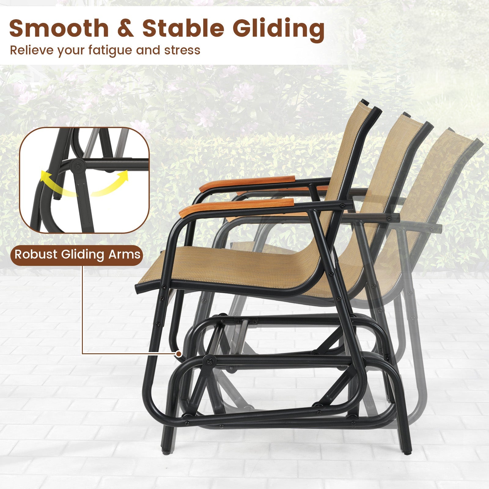 Patio Glider Chair Set of 2 with Curved Teak Armrests and Breathable Fabric Seat-Brown