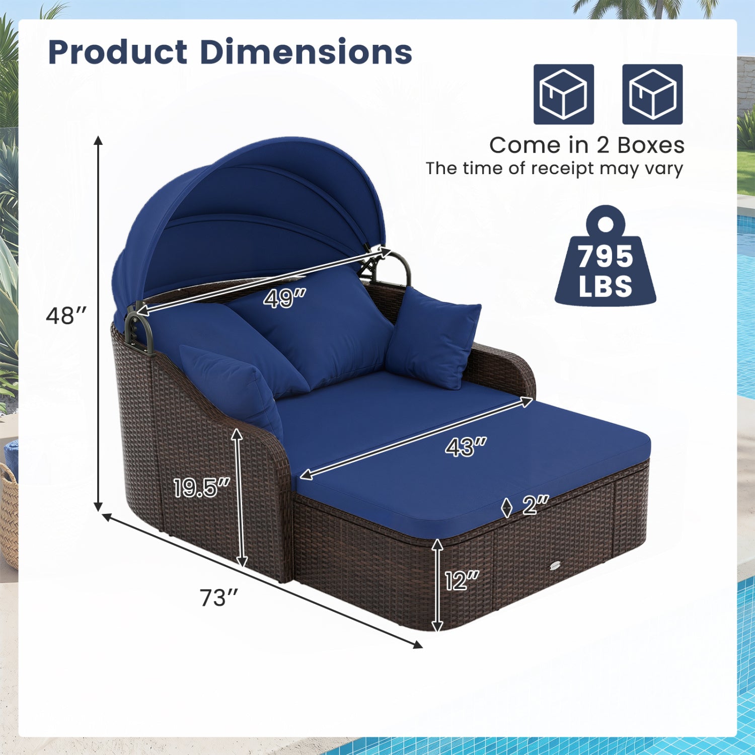 Outdoor Rattan Daybed with Retractable Canopy - Navy