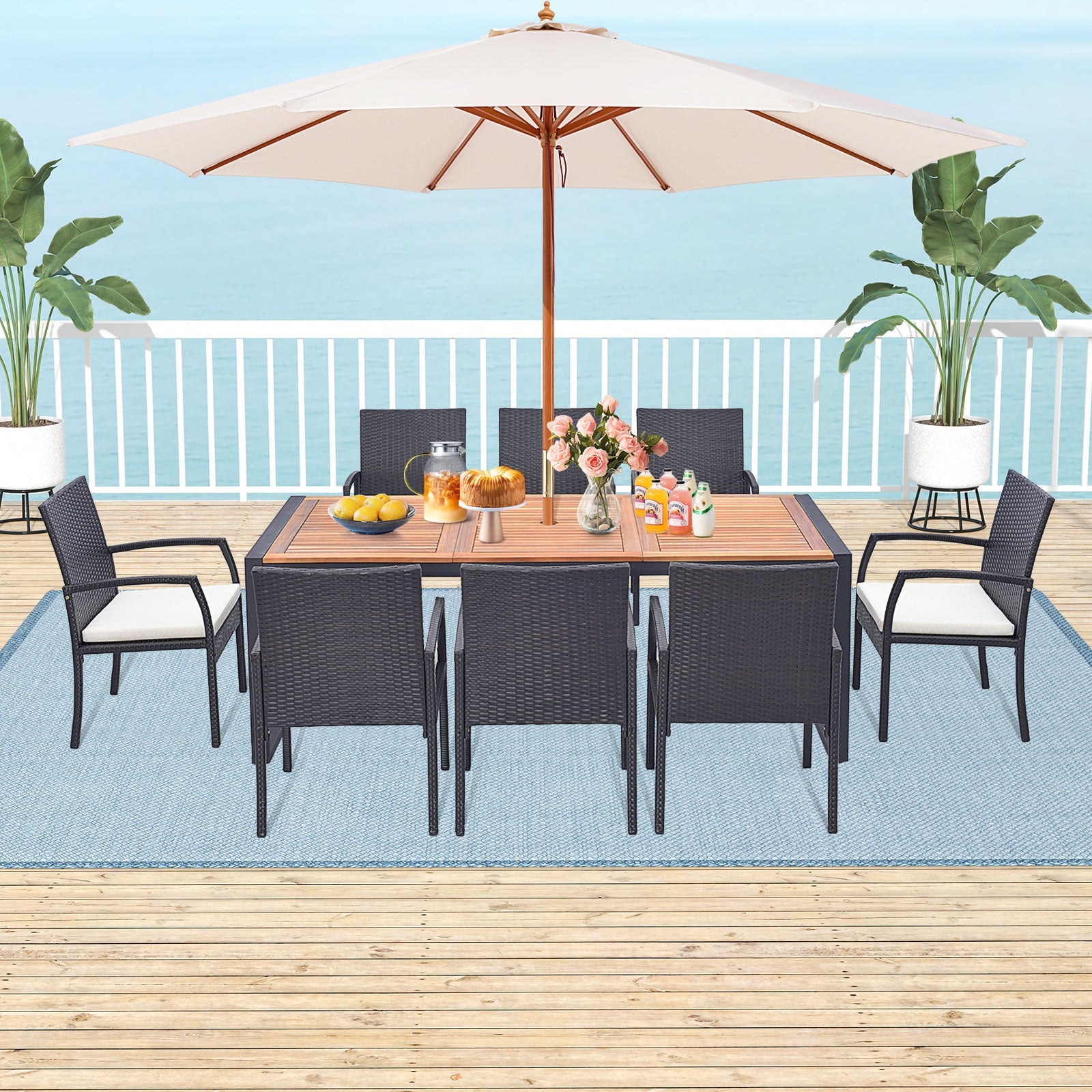 9 Pieces Patio Rattan Dining Set with Acacia Wood Table for Backyard Garden-L-shaped Handrail