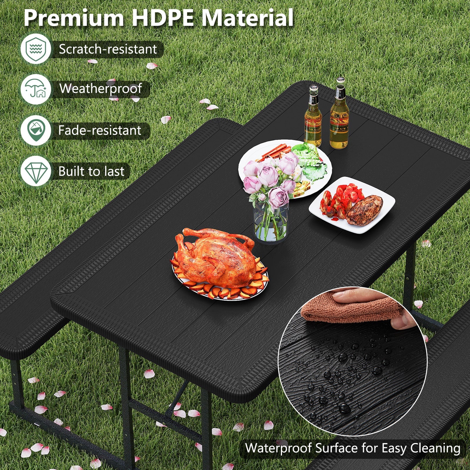 Picnic Table Bench Set for 2-4 People Outdoor Rectangular Camping Dining Table-Black