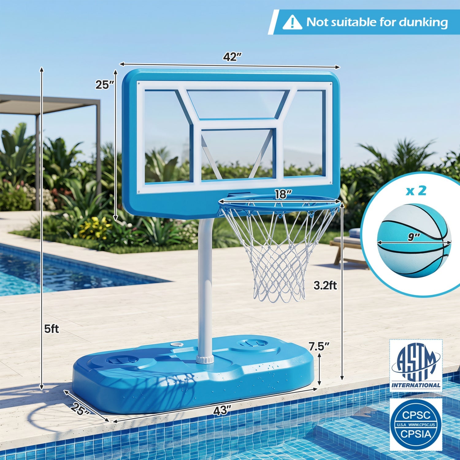Pool Basketball Hoop Set with 2 Balls and Pump