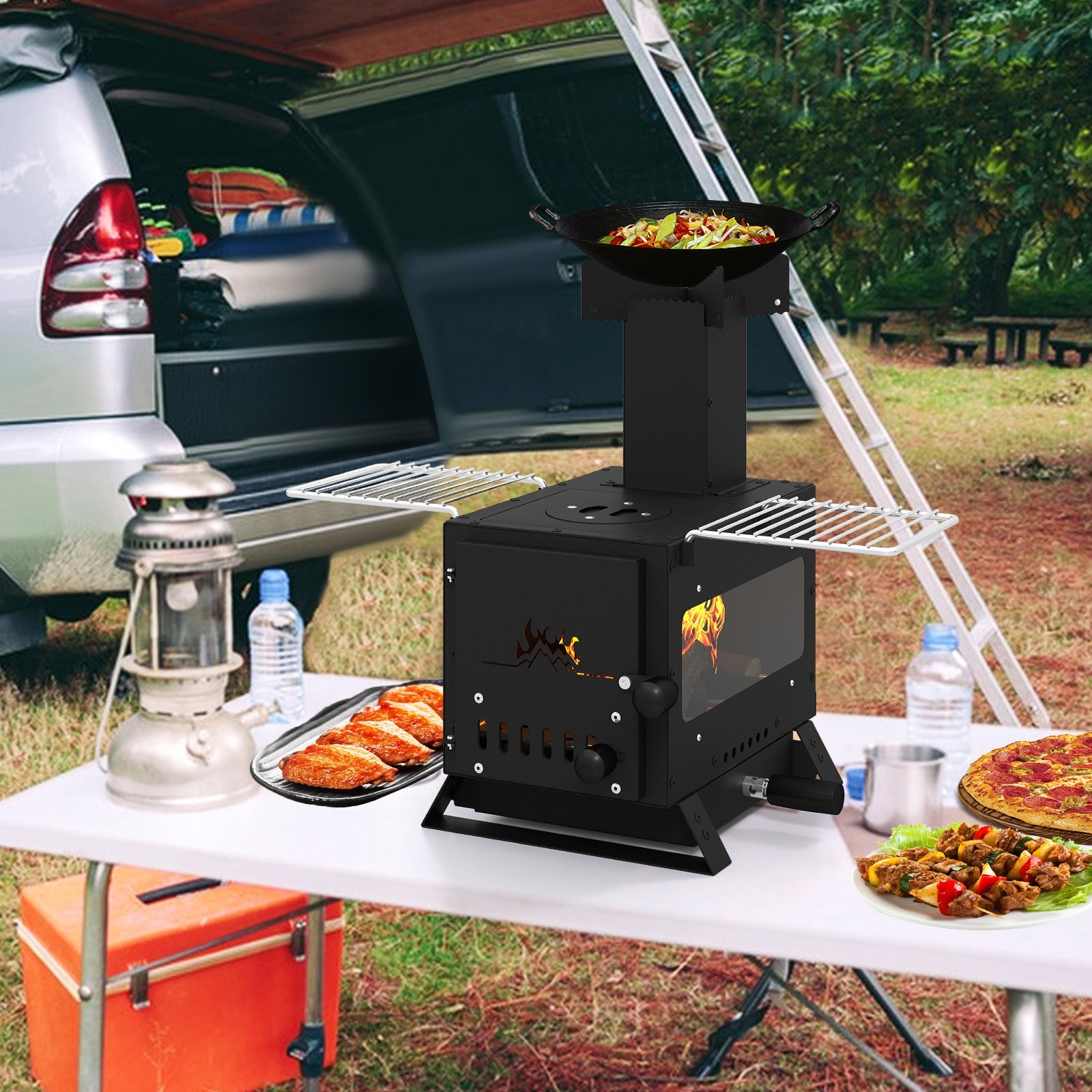 Portable Wood Burning Stove Mini Heater Burner with Pot Rack Oven Pan-Black