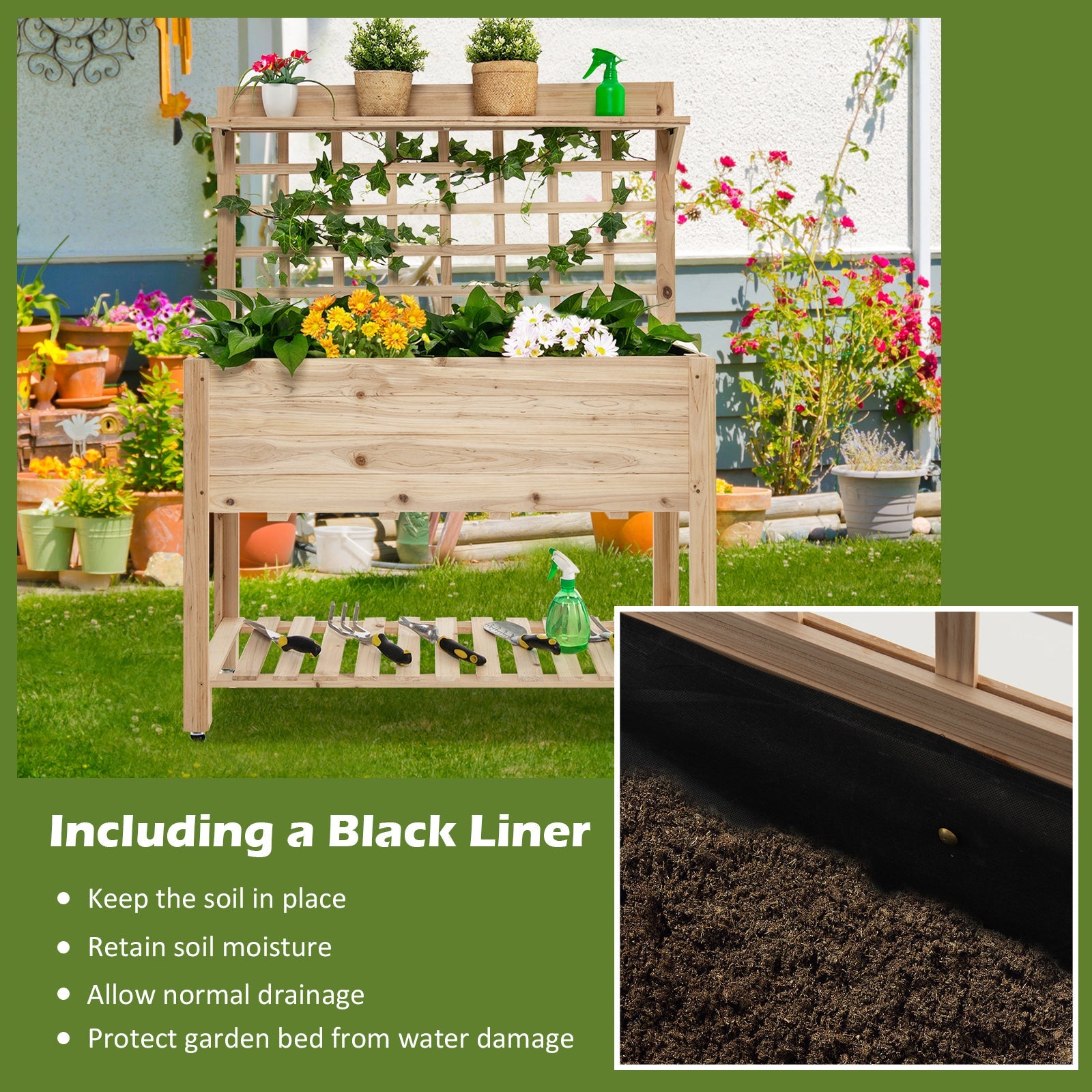 Wooden Raised Garden Bed with Wheels Trellis and Storage Shelf