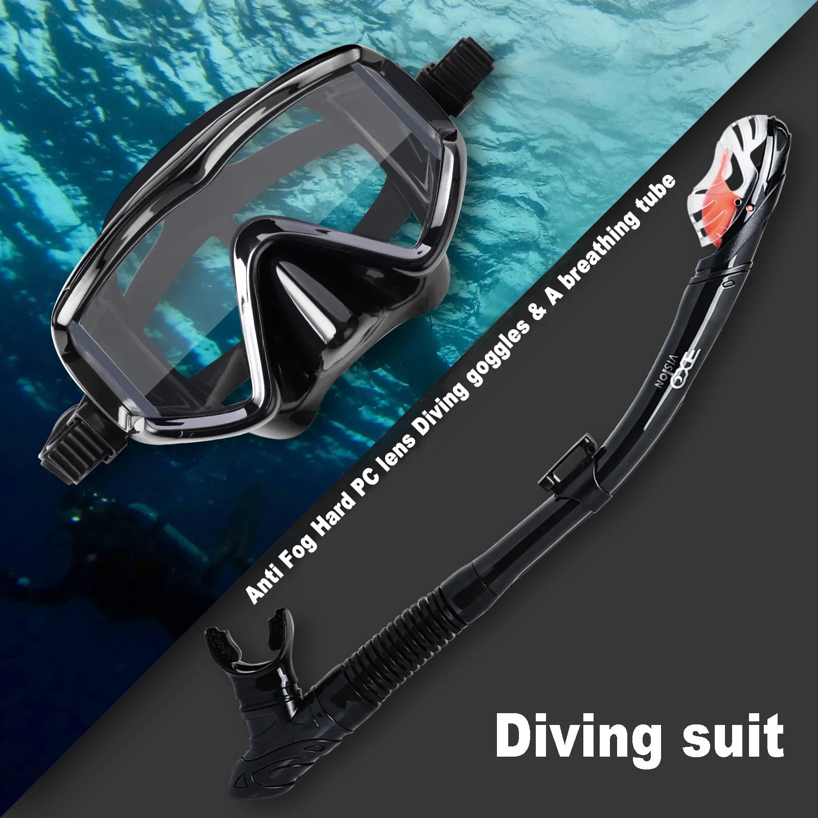 Dry Snorkel Set, Pano 3 Window Snorkel Mask, Anti-Fog Scuba Diving Goggle and Snorkel, Adult Snorkeling Swim Mask with PC Lens