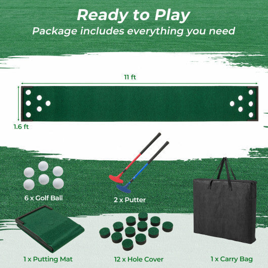 11 FT Indoor Outdoor Putting Green Mat with 2 Adjustable Putters and 6 Balls