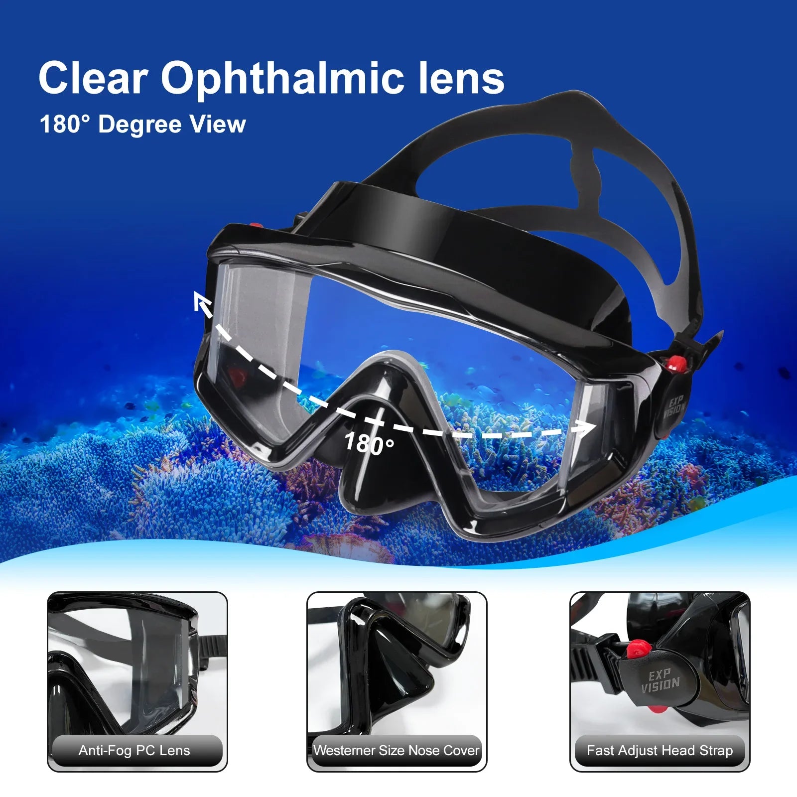 Dry Snorkel Set, Pano 3 Window Snorkel Mask, Anti-Fog Scuba Diving Goggle and Snorkel, Adult Snorkeling Swim Mask with PC Lens