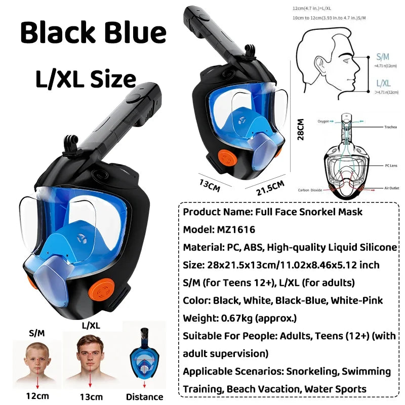 Full Face Snorkel Mask 180° Panoramic View Dry Top Snorkel Anti-Fog Leak-Proof Safe Breathing Swimming Diving Gear for Adults