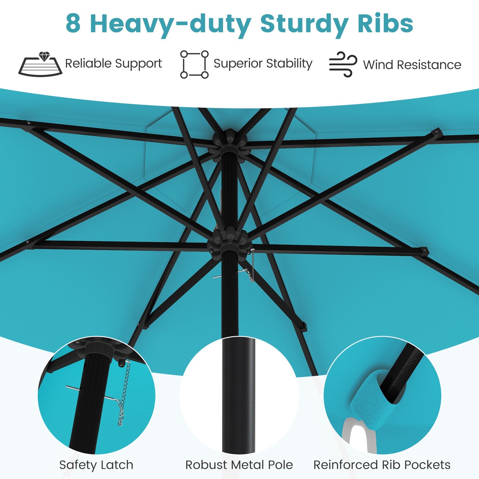 9.3 Feet Solar Patio Umbrella with 24 LED Lights Vented Top and Ruffles-Turquoise
