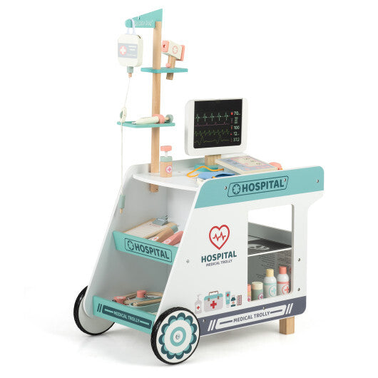 Wooden Doctor Playset for Kids Pretend Play Doctor Kit with Cart Gift for Toddlers Boys Girls Aged 3+-Green