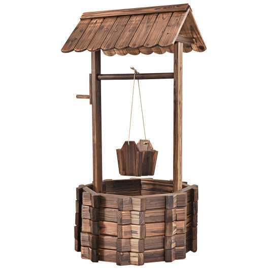 Costway Outdoor Wooden Wishing Well Bucket Flower Plants Planter Patio Garden Home Decor