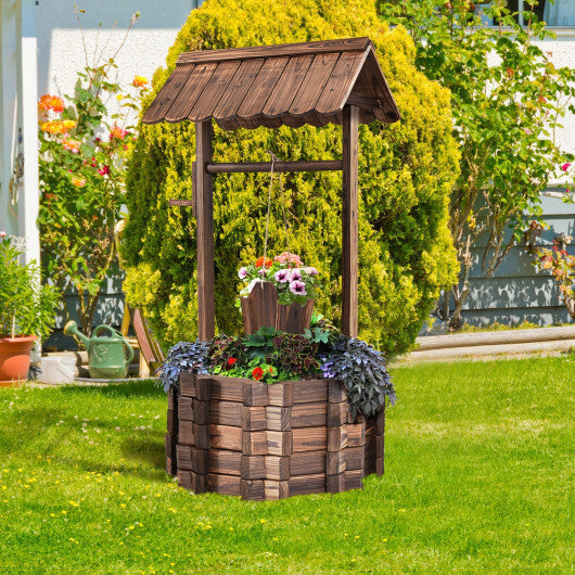 Costway Outdoor Wooden Wishing Well Bucket Flower Plants Planter Patio Garden Home Decor