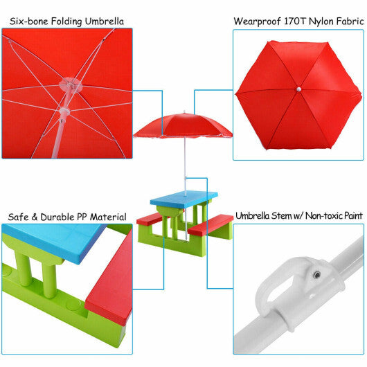 Costway 4 Seat Kids Picnic Table with Umbrella Garden Folding Children Bench Outdoor PP