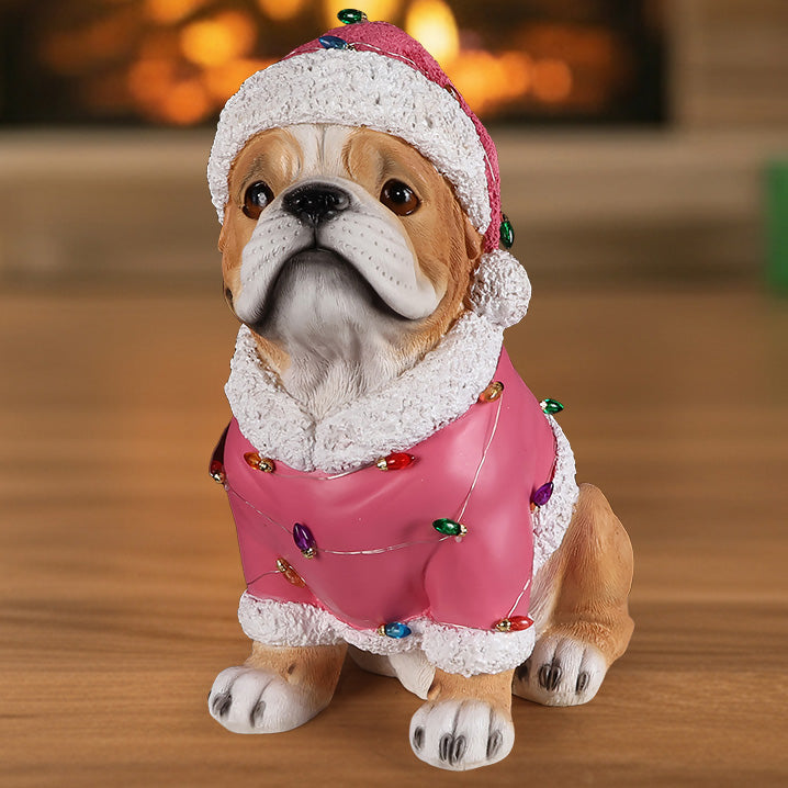 Christmas Pug Statue with Santa Outfit - Holiday Dog Figurine