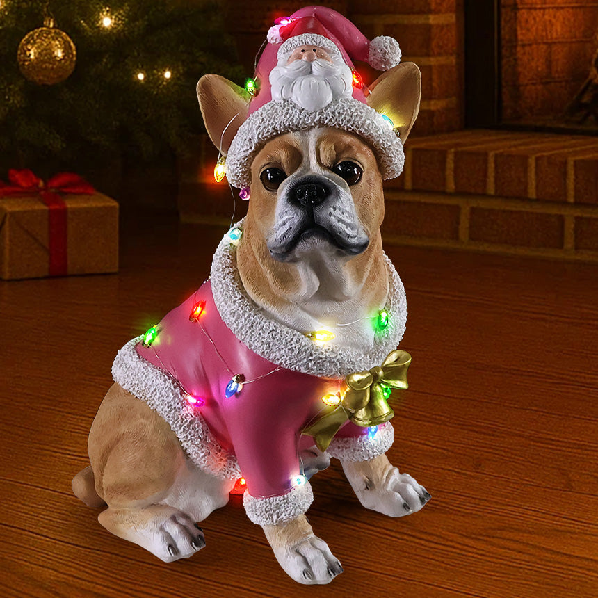 Christmas French Bulldog Statue with Pink Santa Outfit - Resin