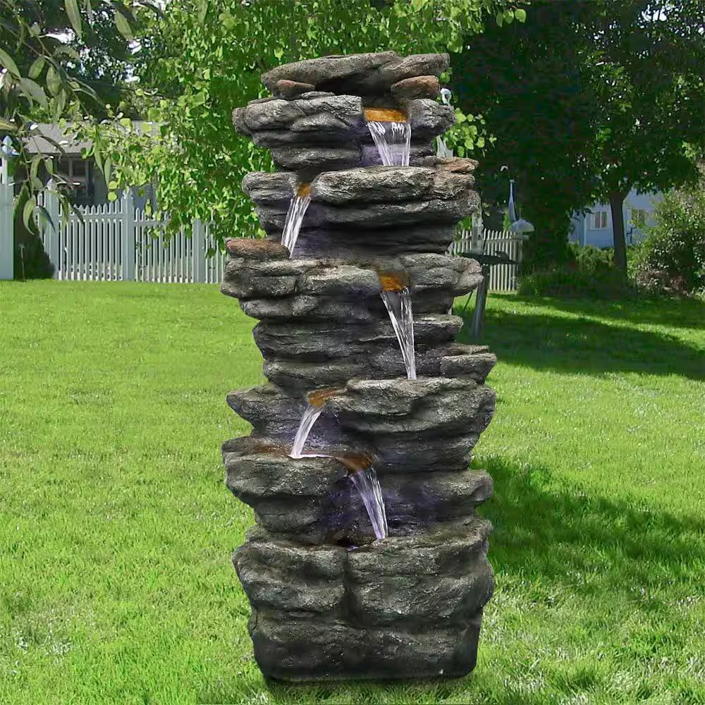 40 In. Resin Rockery Outdoor Relaxing Water Fountain, 6-Tier LED Outdoor Waterfall Fountain for Home, Office, Garden