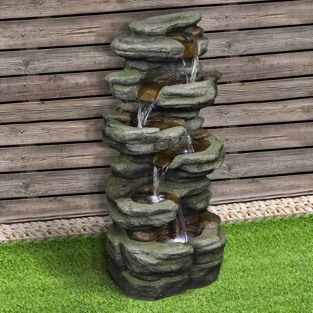 30. 7In. H Resin 6-Tier Cascading Rock Tiered Fountain with LED Lights for Garden and Patio Decor