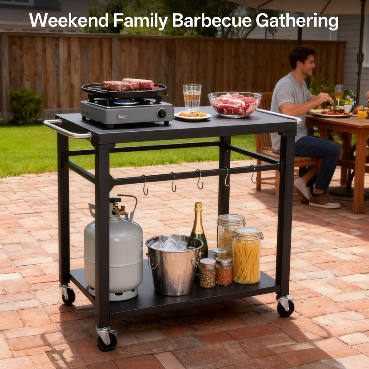 2-Tier Outdoor Grill Cart with Stainless Steel Top - Black