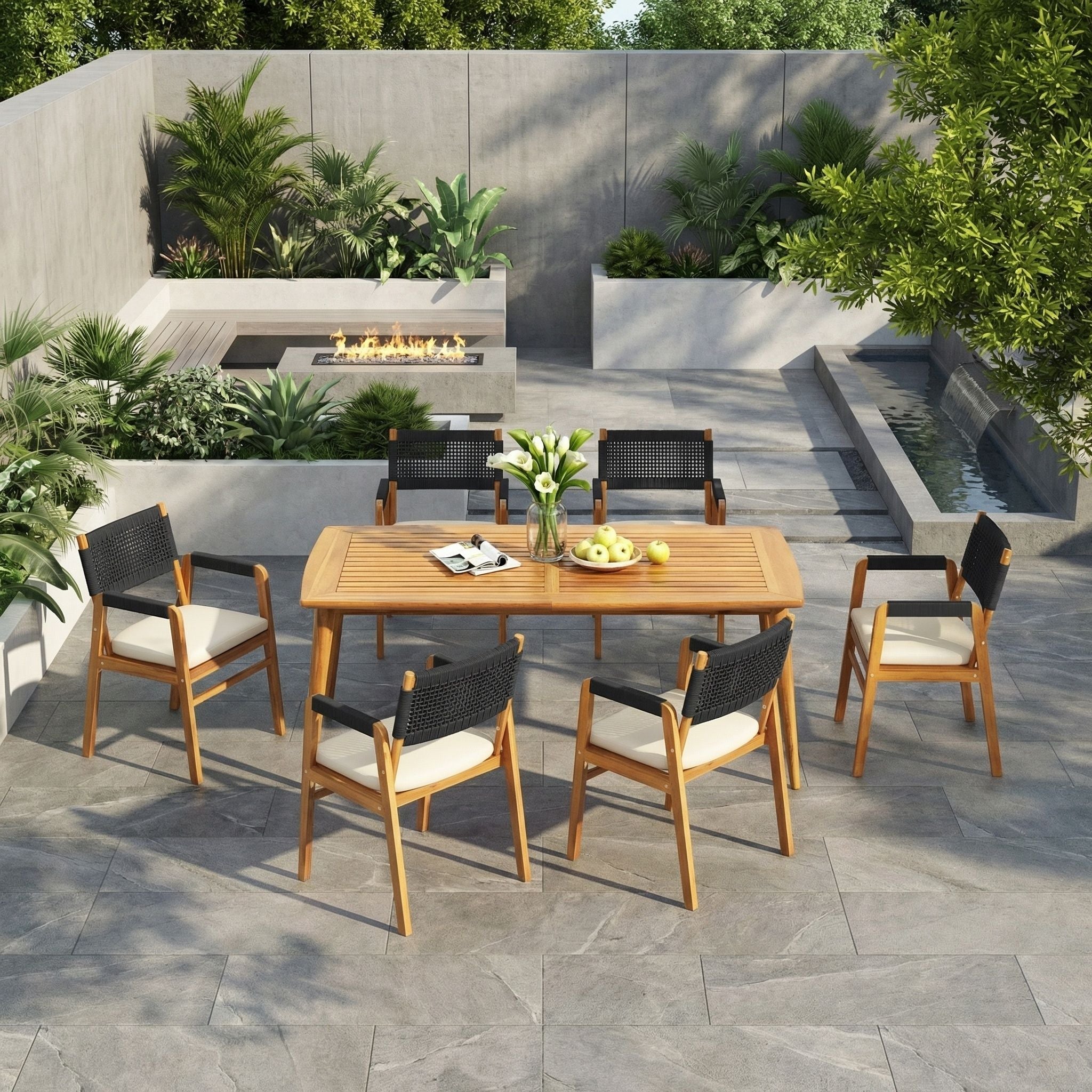 Outdoor 7 Piece Dining Set With Rope Woven Armchairs