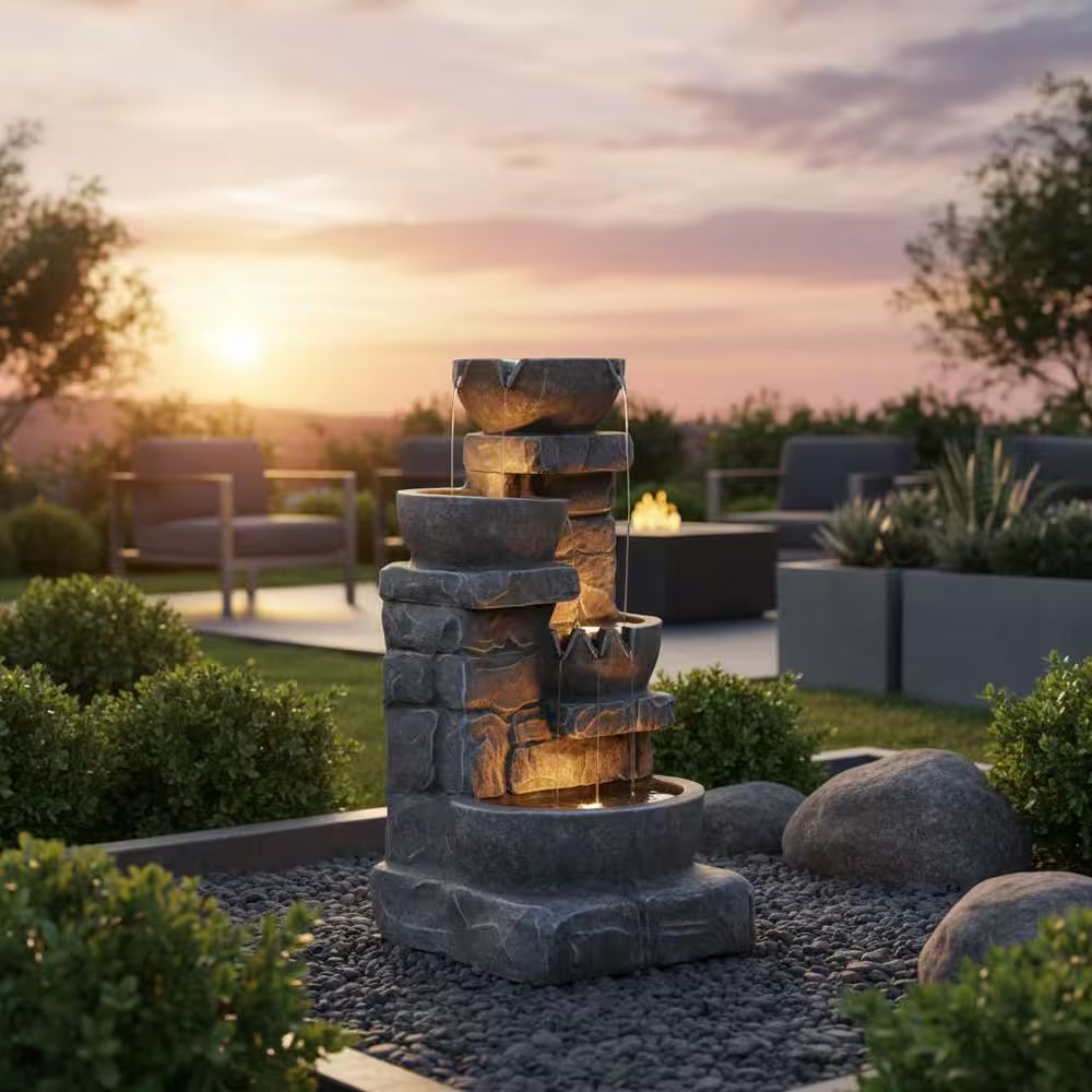 Zen Garden 33 In. Stone-Texture Polyresin Cascading Waterfall Fountain with LED Lights