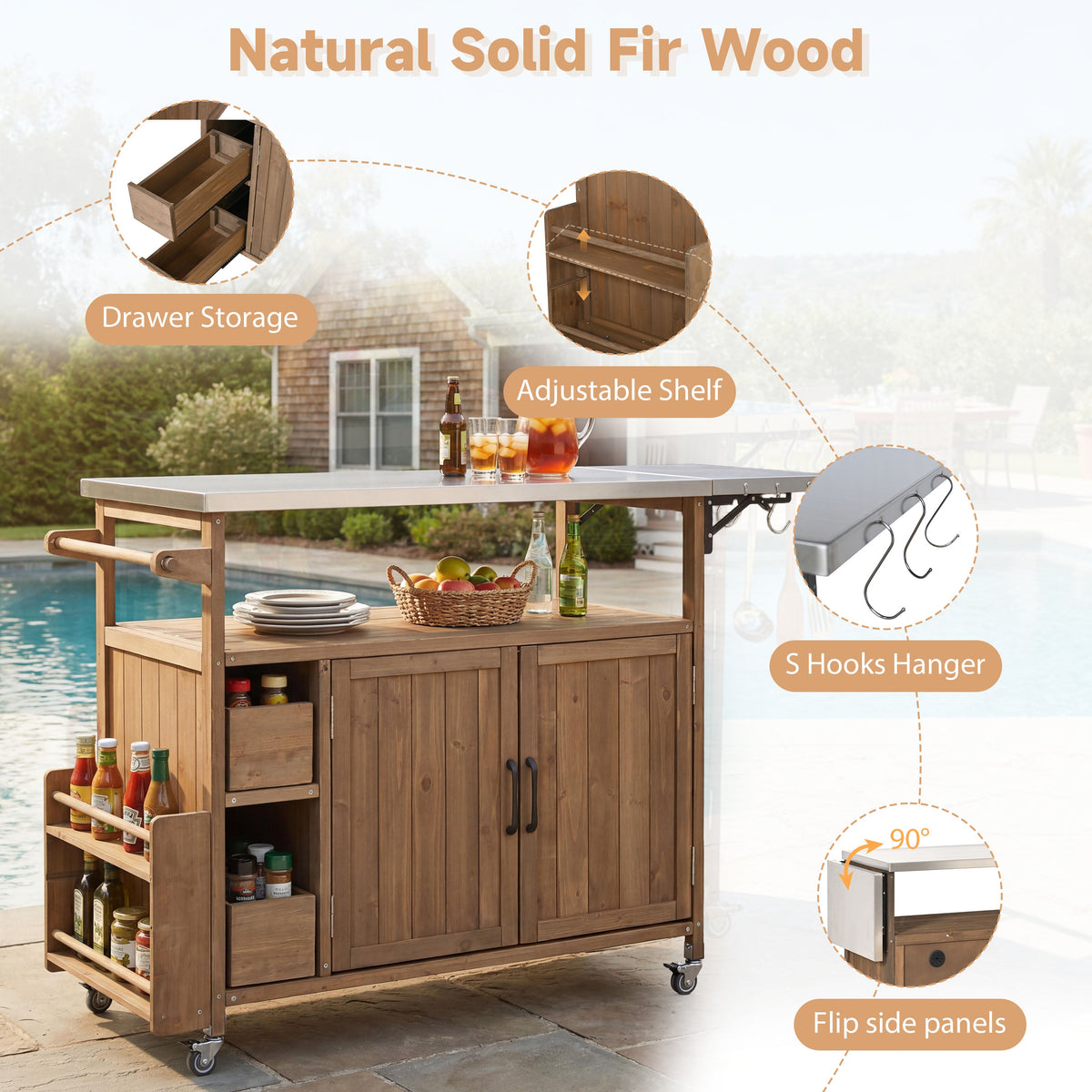 Farmhouse Rolling Outdoor Kitchen Cart with Stainless Steel Top - Natural Wood