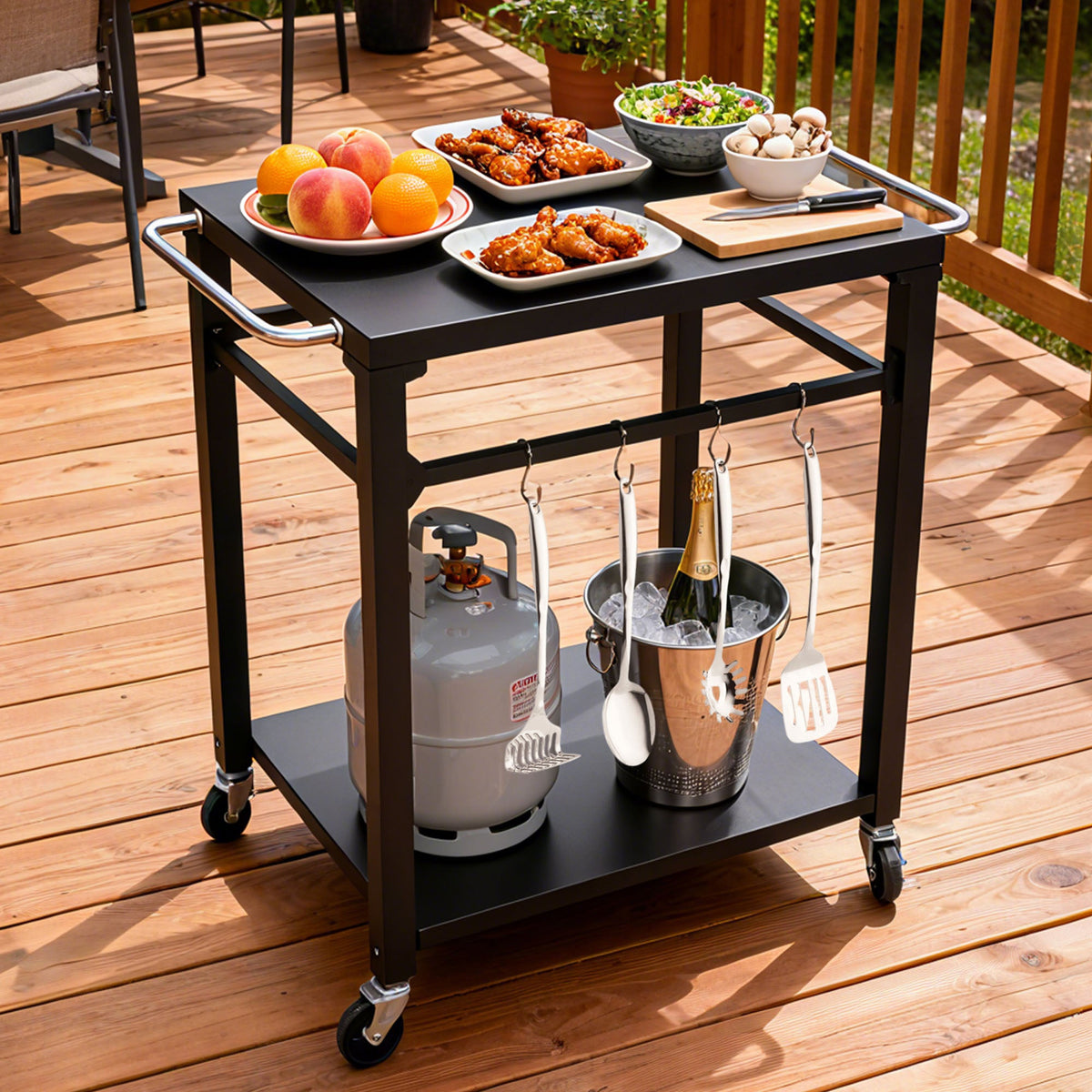2-Tier Outdoor Grill Cart with Stainless Steel Top - Black