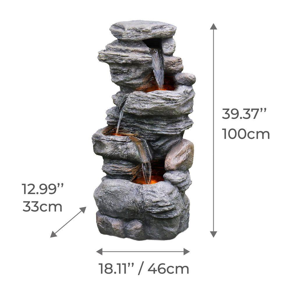 39.37 In. 4-Tier Outdoor Faux Stacked Stone Gray Tiered Water Fountain with LED Lights and Pump