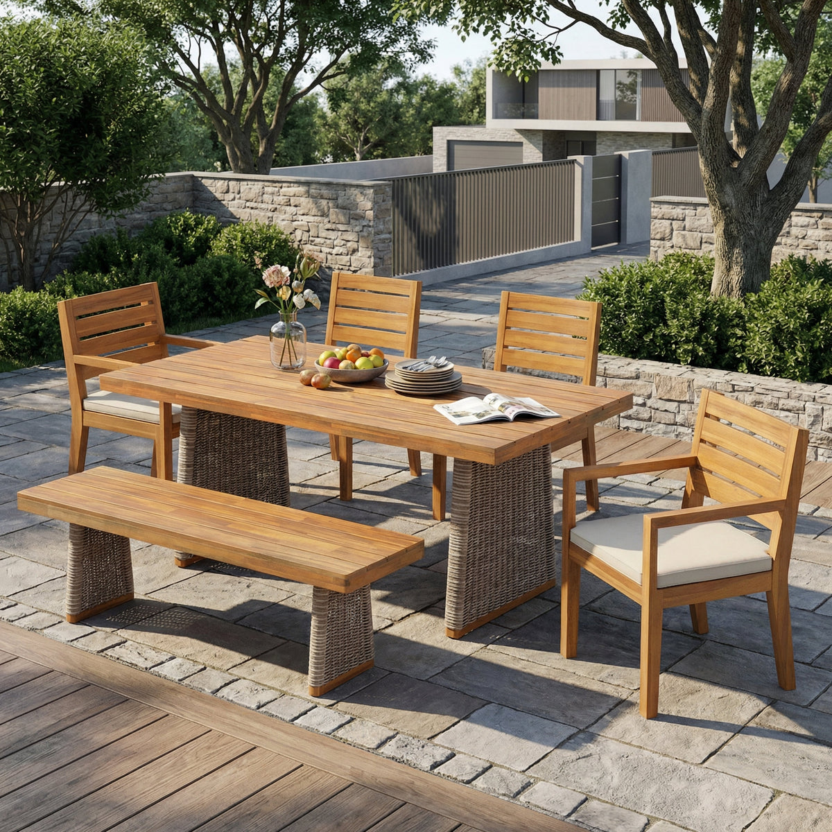 6 Pieces Outdoor Acacia Wood Dining Set With Handwoven Rattan Legs