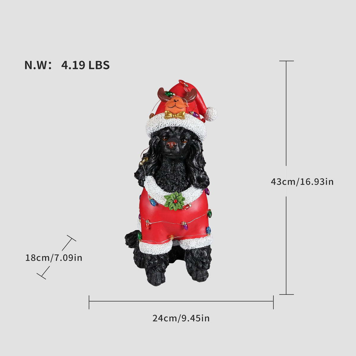 Festive Black Poodle Christmas Statue with Santa Outfit - Black+Red