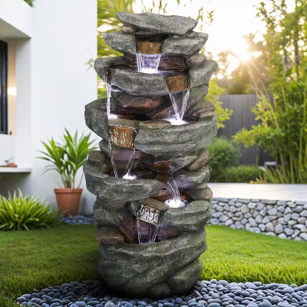 40. 5In. Outdoor Waterfall Fountain 6-Tiered Cascading Relaxation Garden Fountain W/Led Lights for Home and Office Decor