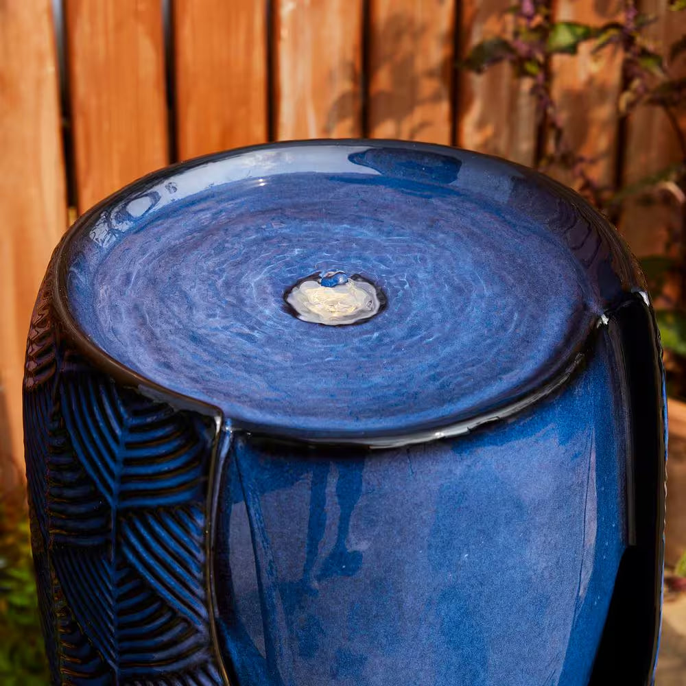 29.25 In. H Outdoor Oversized Cobalt Blue Scale-Like Textured Glaze Ceramic Pot Floor Fountain with LED Light
