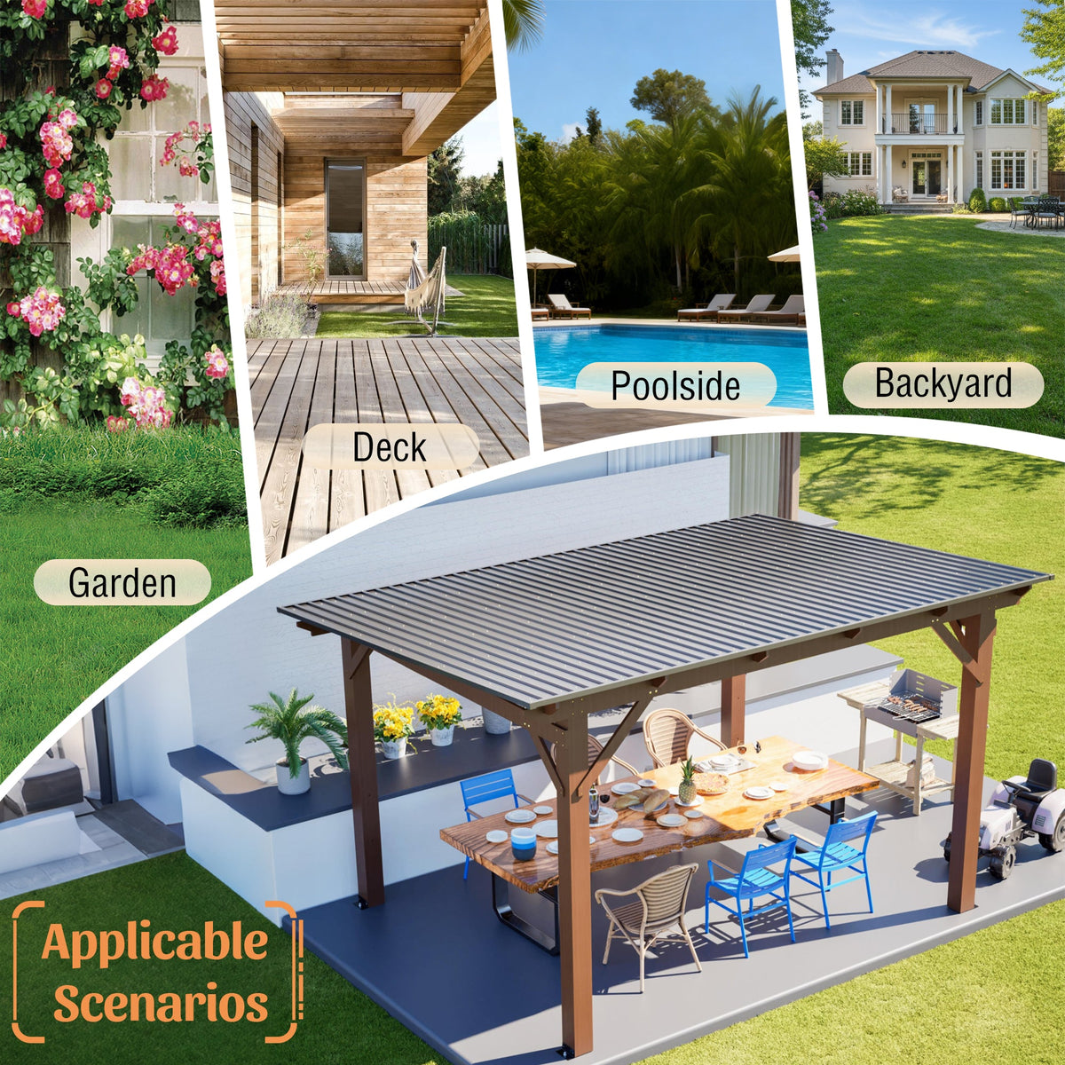 Wooden Garden Gazebo with Metal Roof - 13x10ft Outdoor Pergola - Brown