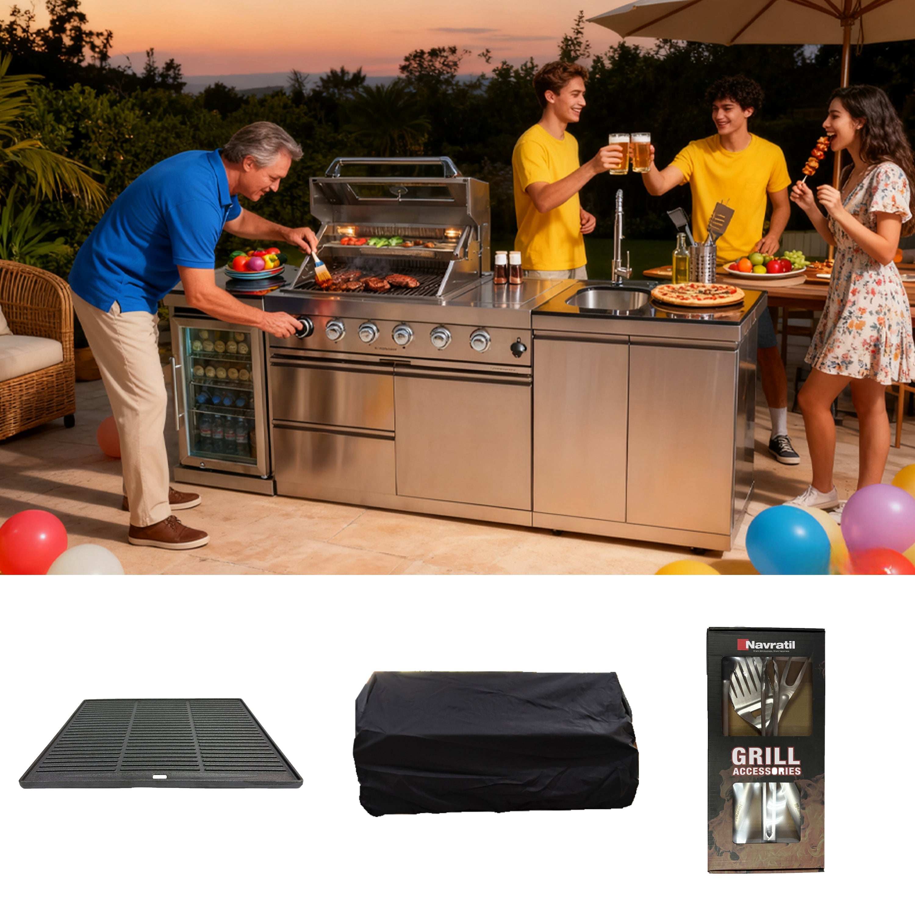 BBQ Tool Set with Cast Iron Frying Pan and Outdoor Kitchen Accessories