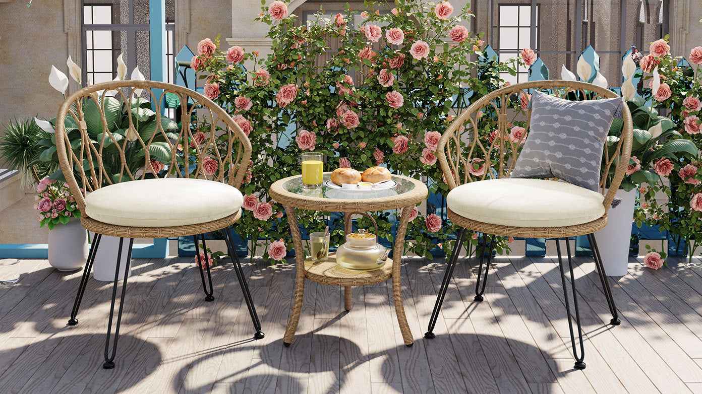 Outdoor Leisure Set, 2 Rattan Single Chairs with A Glass Round Table,
