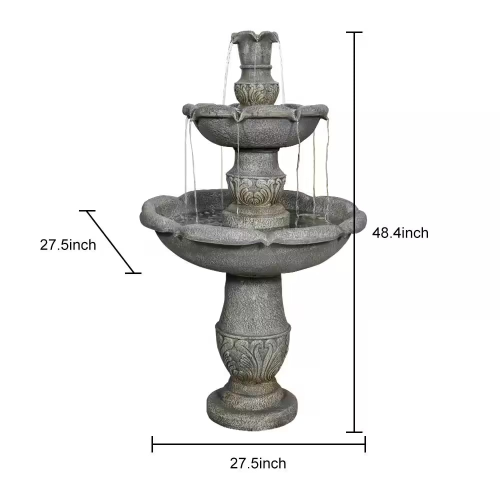 48.4 In. Cement Pedestal Waterfall Fountain - Outdoor Floor 3-Tier Pedestal Water Fountain and Birdbath for Garden, Lawn
