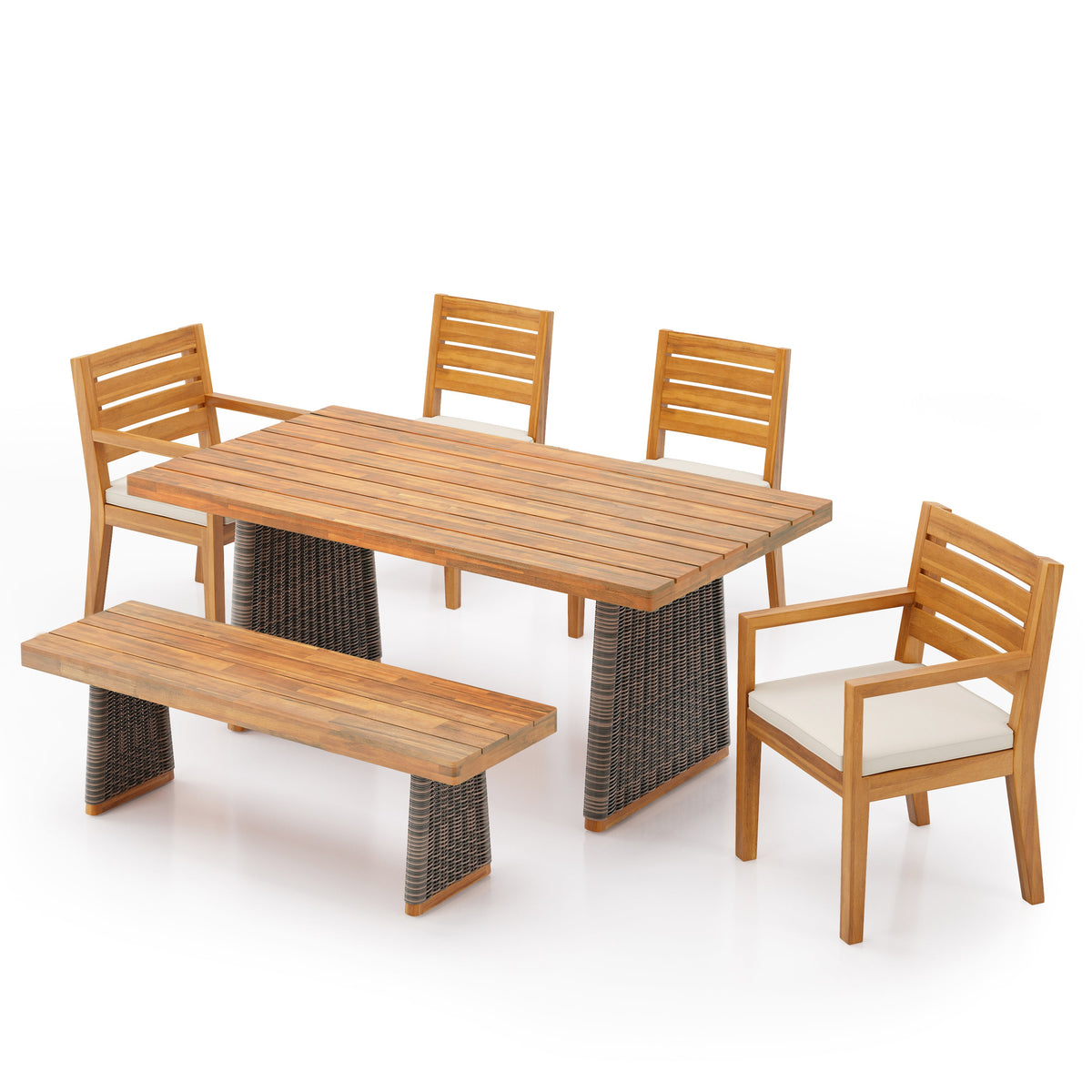 6 Pieces Outdoor Acacia Wood Dining Set With Handwoven Rattan Legs
