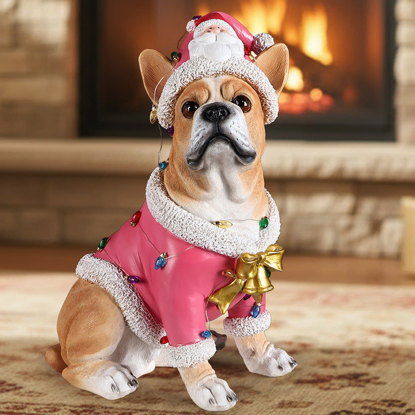 Christmas French Bulldog Statue with Pink Santa Outfit - Resin