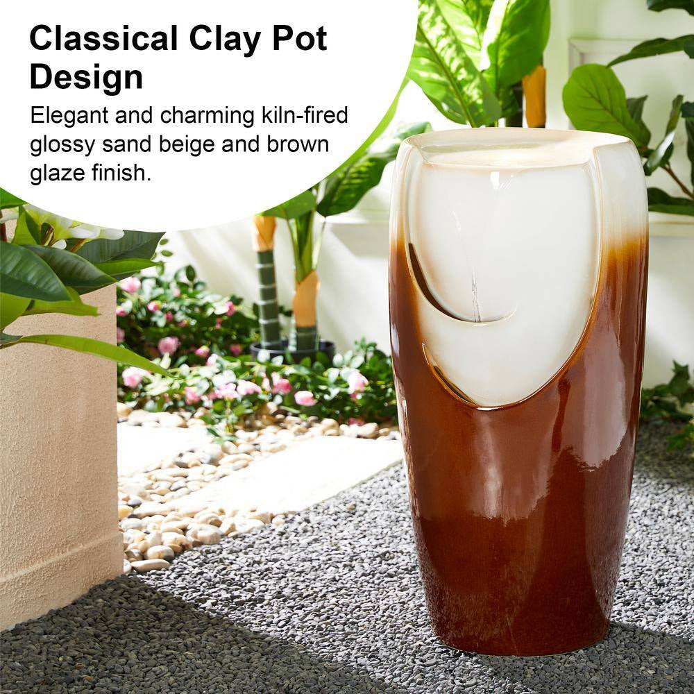29.25 In. H Outdoor Oversized Sand Beige and Brown Glaze Ceramic Pot Water Floor Fountain with LED Light