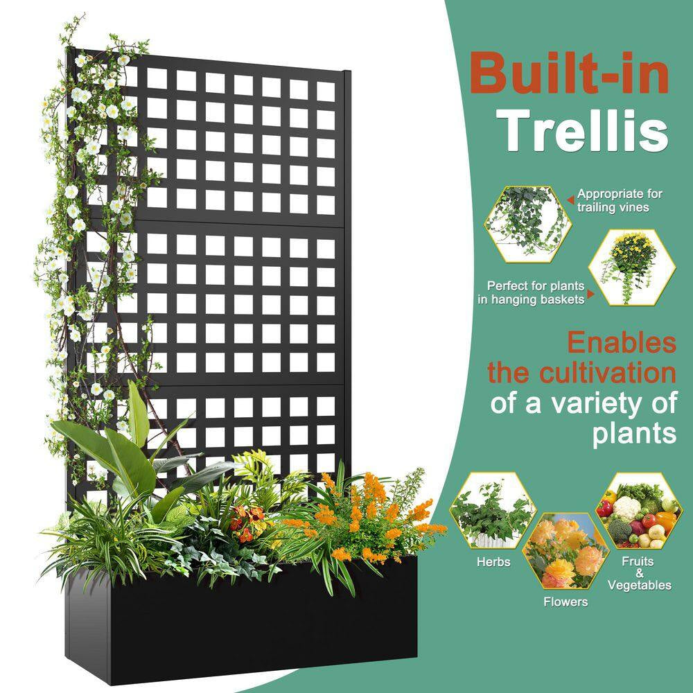 35 In. L X 16 In. W X 71 In. H Black Metal Raised Garden Planter Box Trellis-Rectangle Outdoor Pot for Climbing Plants