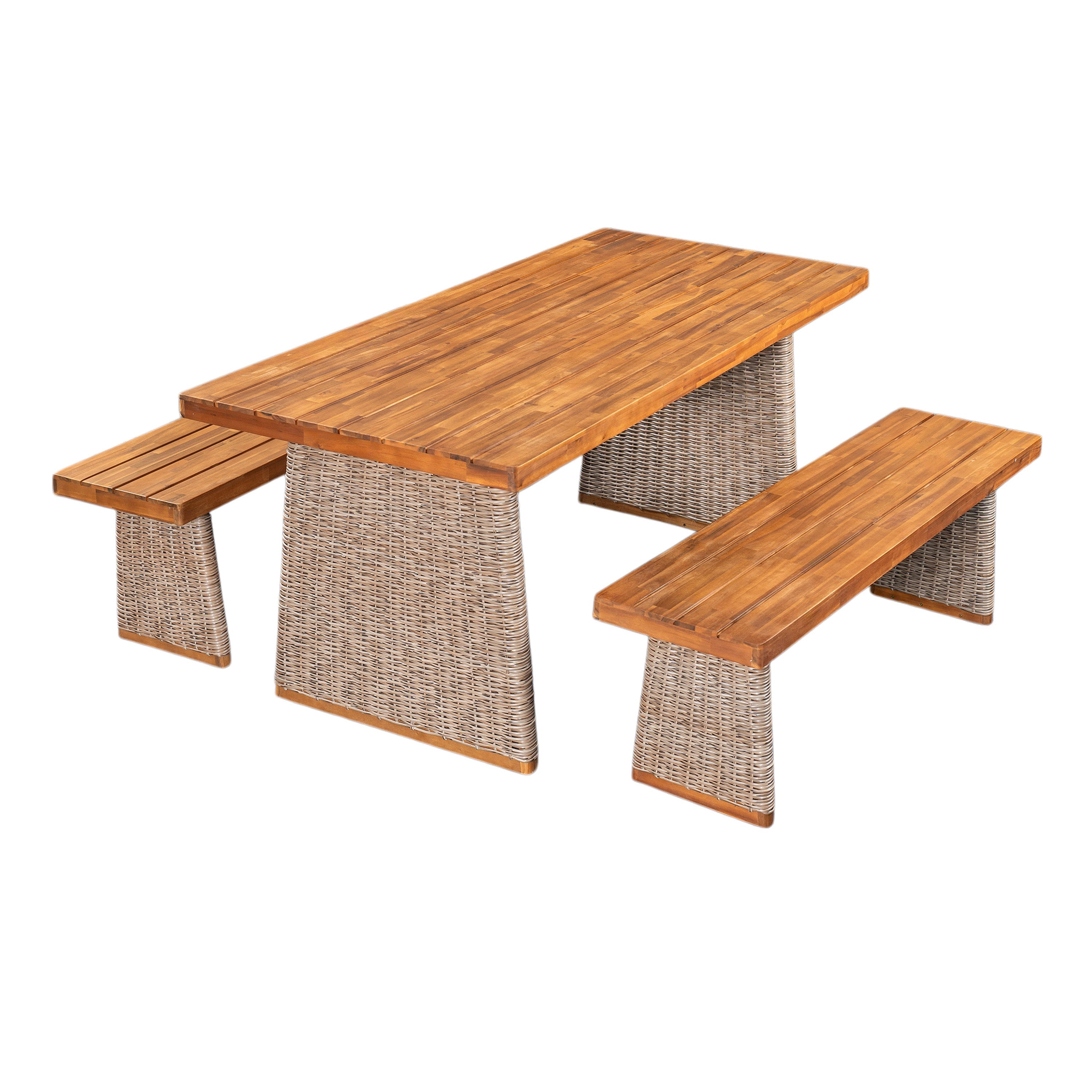 Outdoor 3 Piece Acacia Wood Dining Set with Handwoven Rattan Legs