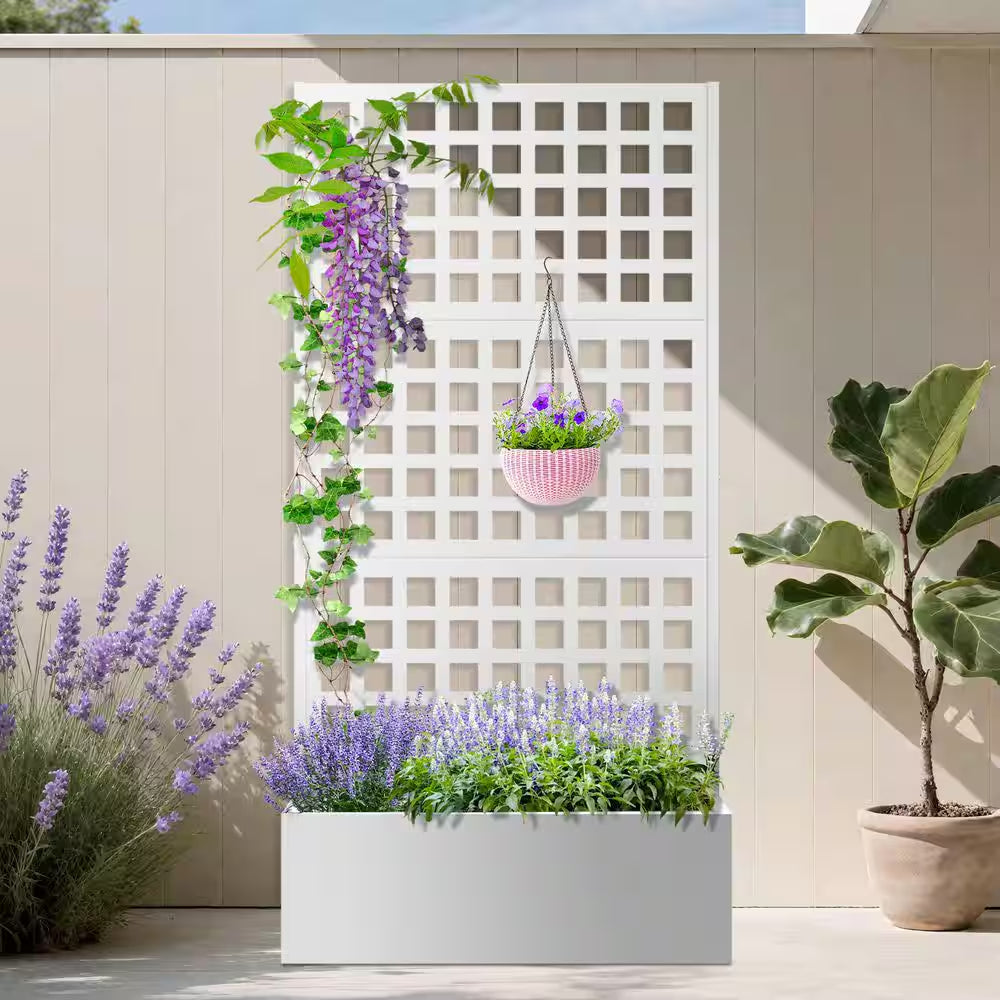 35 In. L X 16 In. W X 71 In. H White Metal Raised Garden Planter Box with Trellis for Climbing Plants, Cucumbers
