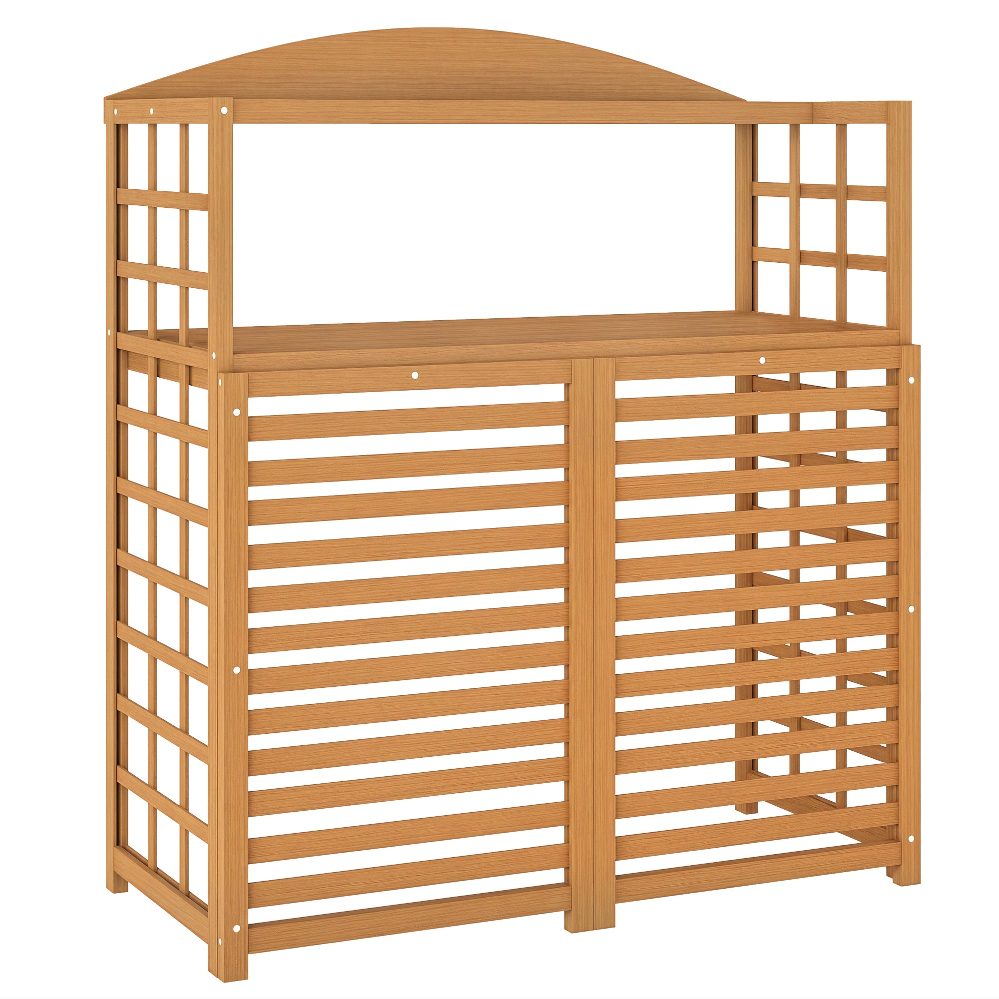 Outsunny Wood Air Conditioner Fence, Outdoor Privacy Screen Potting Table with Shelves