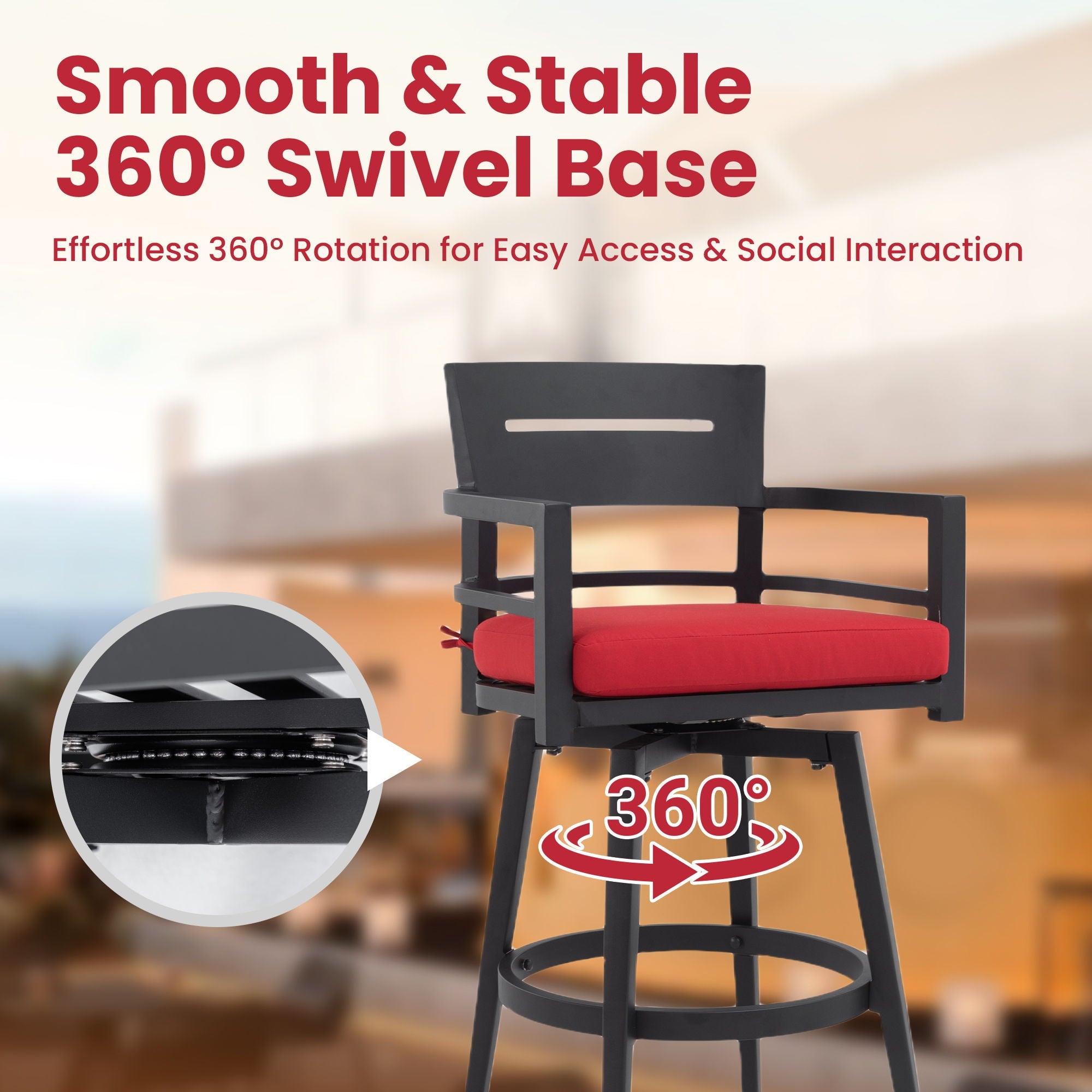 5 Pieces Outdoor Patio Bar Set, Rounded Square Sintered Stone Table & 4 Swivel Bar Chairs